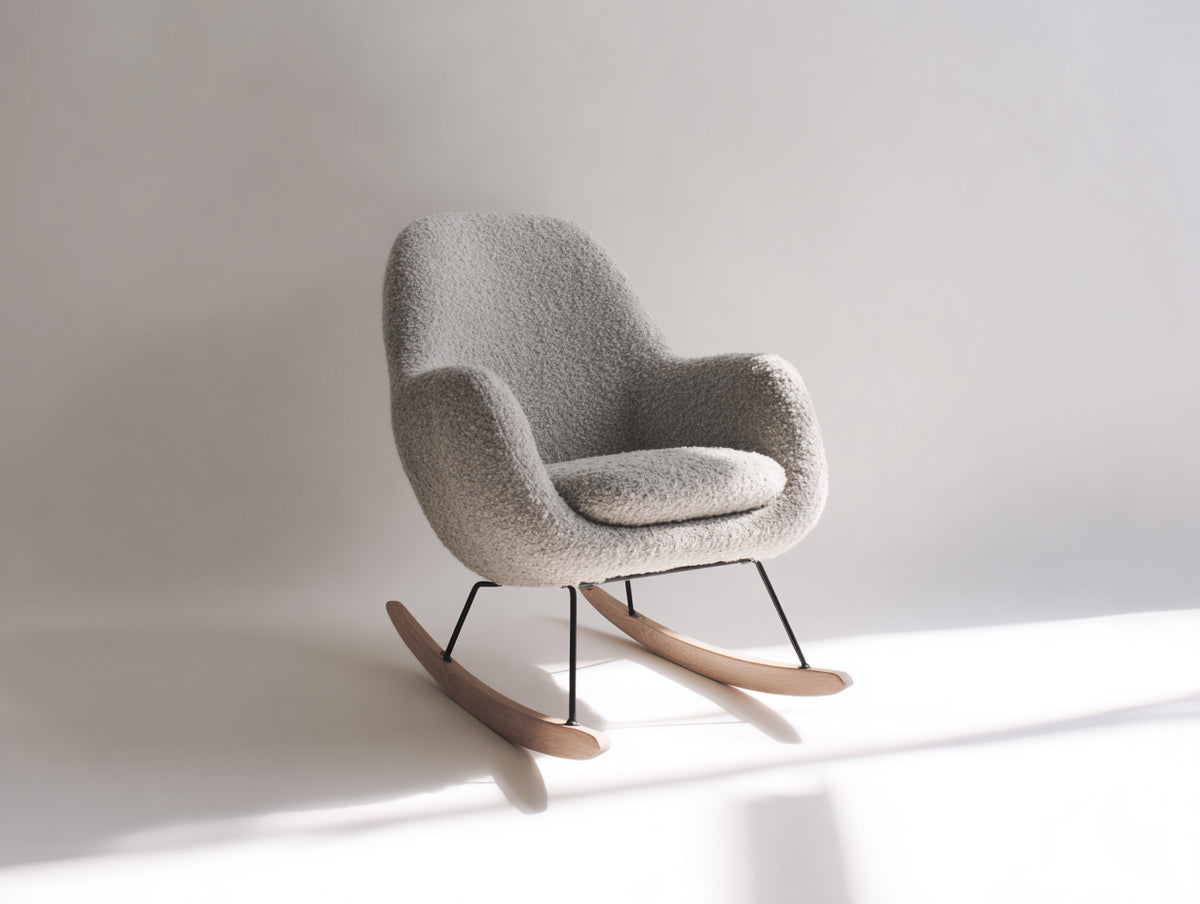 Fauteuil à bascule-Tissu bouclé-Bois-Métal-78x92x98 cm-Gris clair-Style contemporain