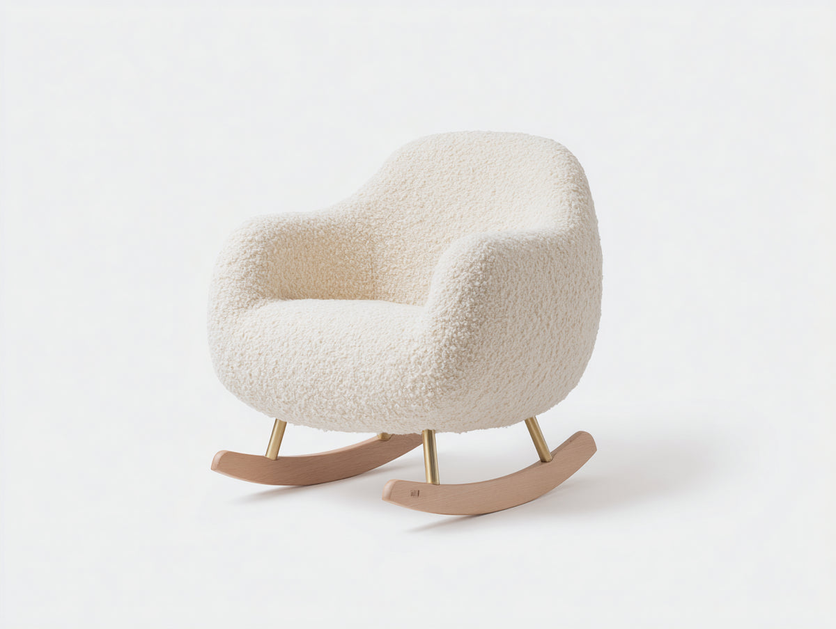 Fauteuil à bascule-Tissu bouclé-Bois-Métal-79x88x82 cm-Blanc cassé-Style contemporain