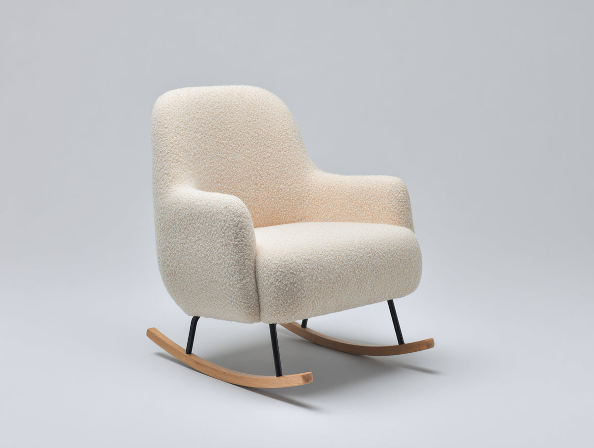 Fauteuil à bascule-Tissu bouclé-Bois-Métal-80x90x96 cm-Crème-Style contemporain