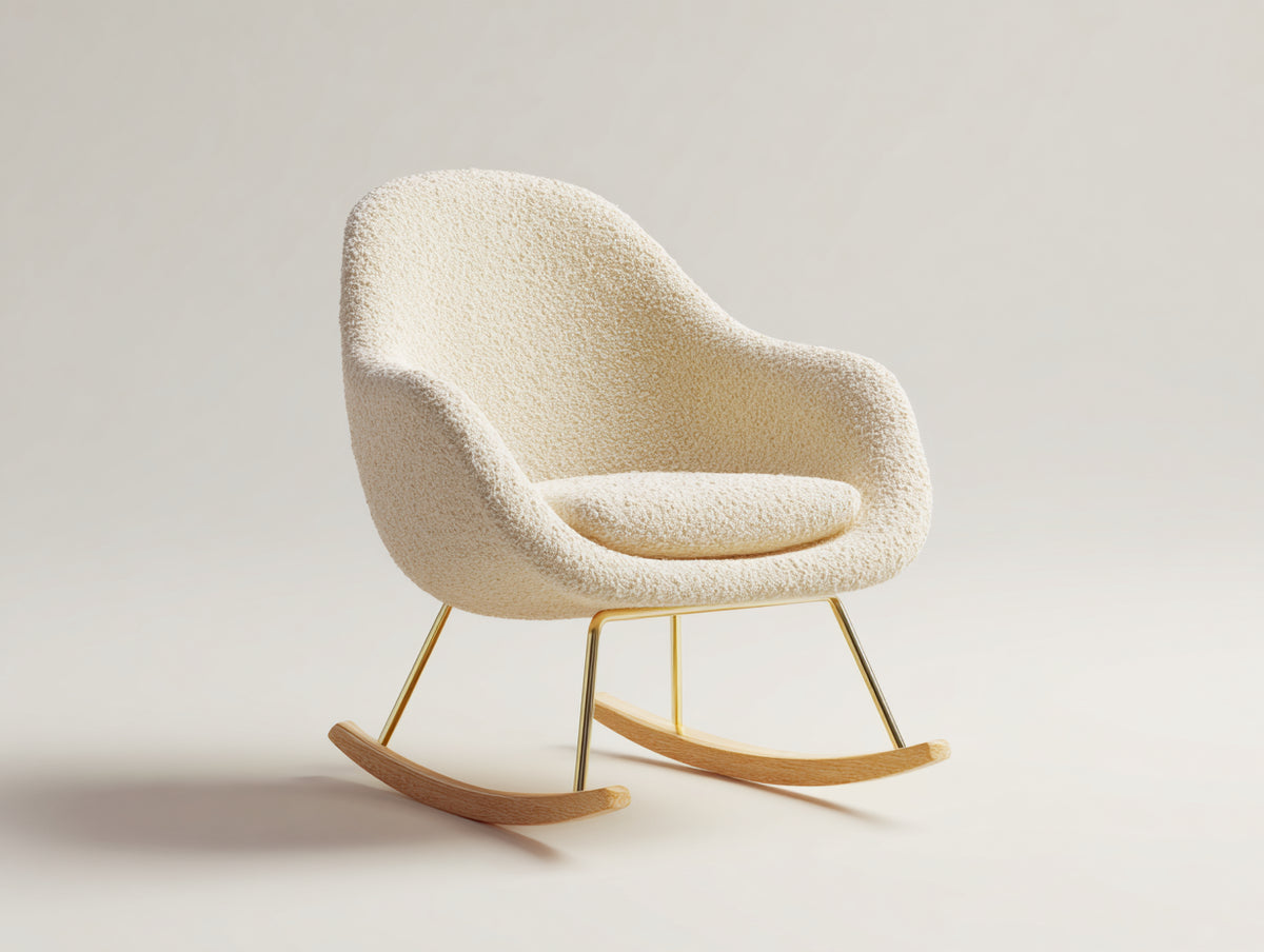 Fauteuil à bascule-Tissu bouclé-Bois-Métal-79x92x95 cm-Crème-Style contemporain