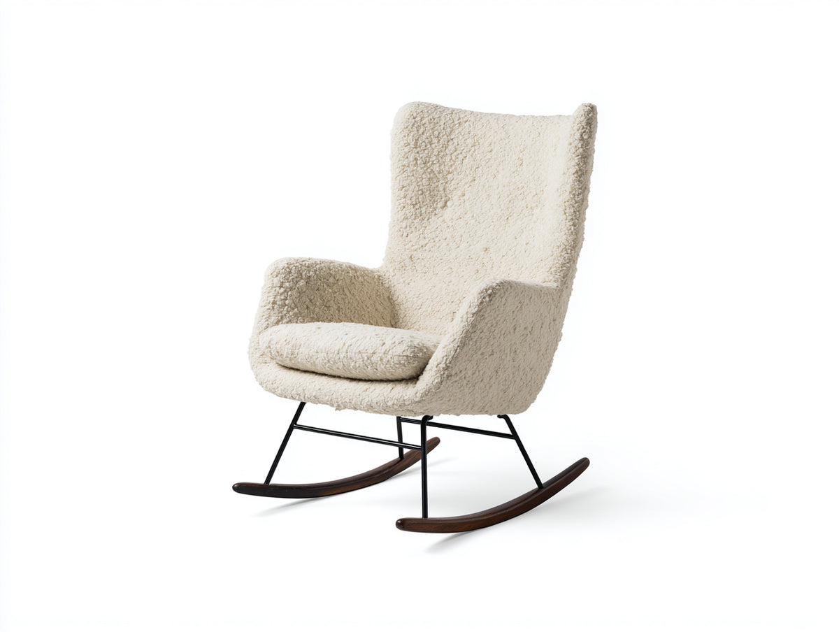Fauteuil à bascule-Tissu bouclé-Bois-Métal-78x94x108 cm-Écru-Style rétro