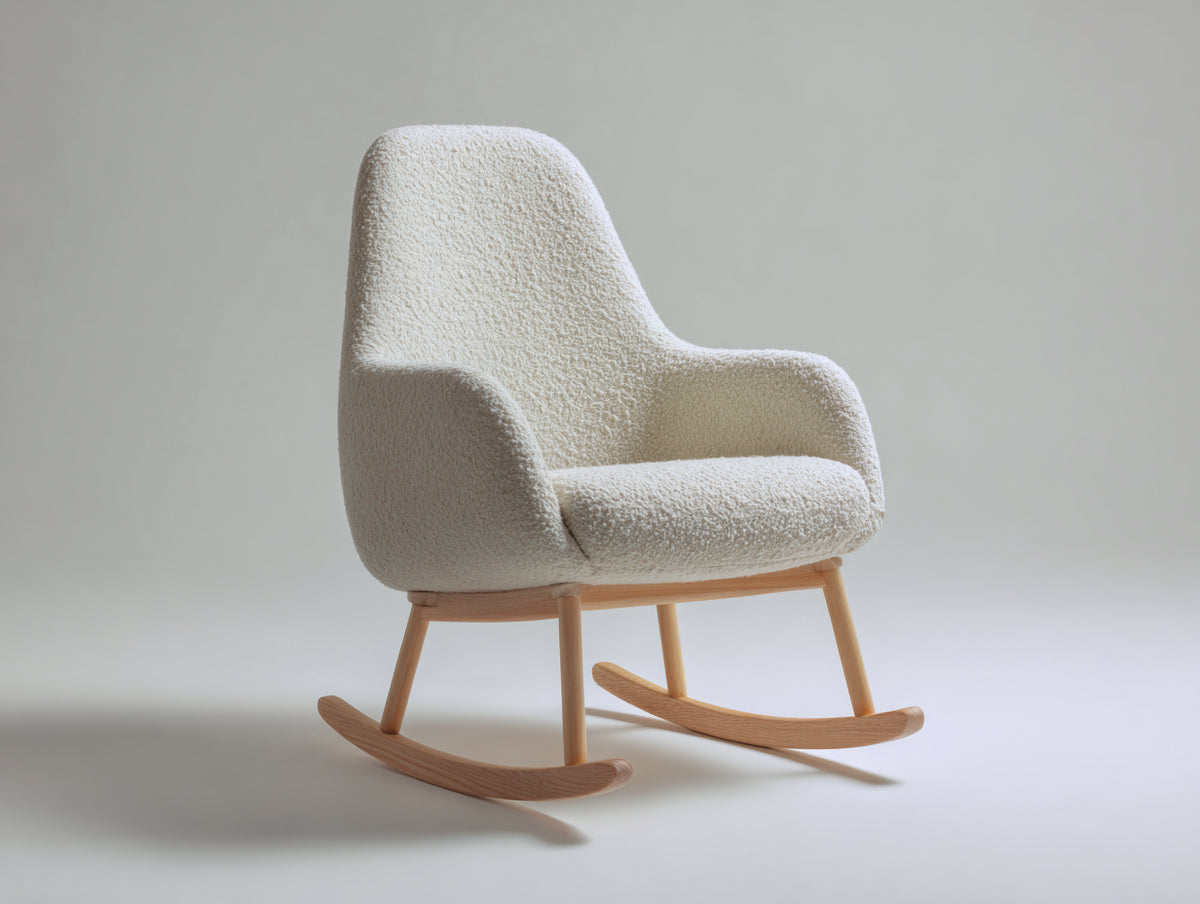 Fauteuil à bascule-Tissu bouclé-Bois-77x91x98 cm-Blanc cassé-Style scandinave