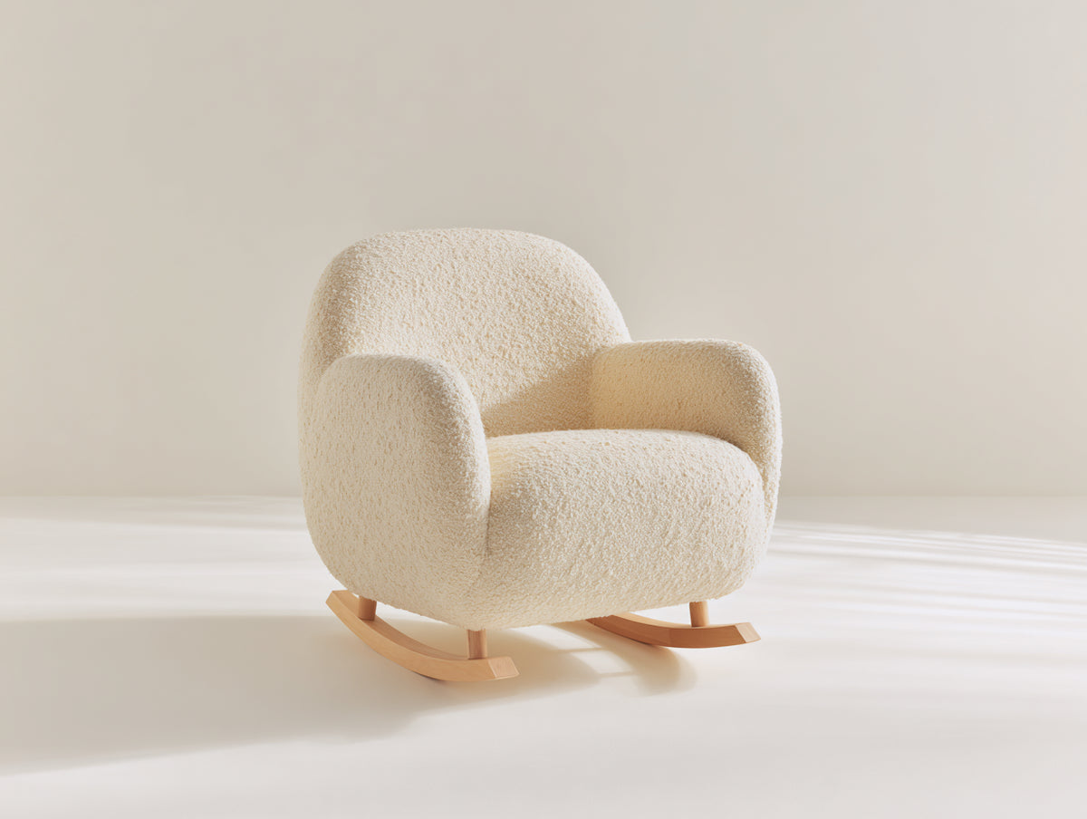 Fauteuil à bascule-Tissu bouclé-Bois-82x88x84 cm-Crème-Style contemporain