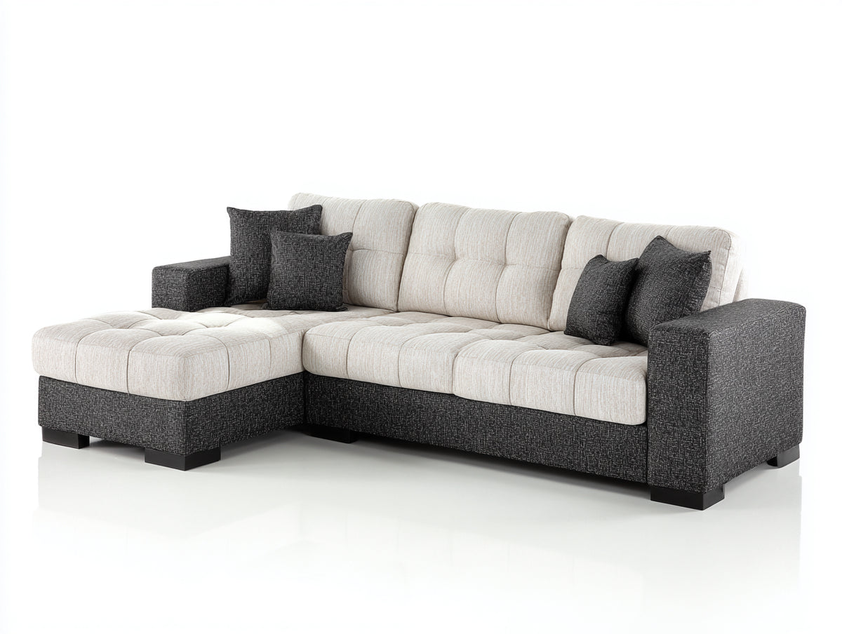 Canapé d'angle - Tissu - 296 x 170 x 88 cm - Beige-Anthracite - Style moderne capitonné