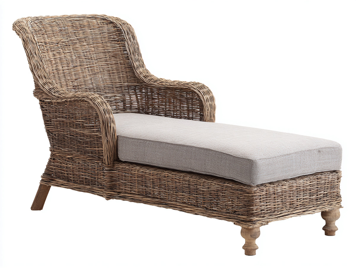 Bain de soleil - Rotin tressé-Tissu - 170 x 73 x 96 cm - Brun naturel-Beige - Style campagne