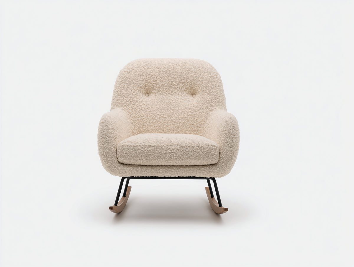 Fauteuil à bascule-Tissu bouclé-Bois-Métal-80x90x94 cm-Beige crème-Style contemporain