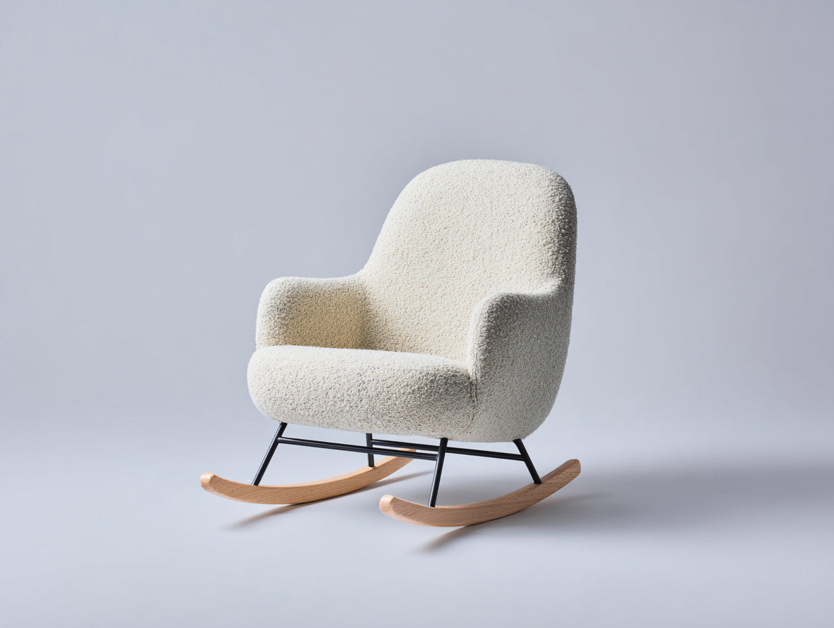 Fauteuil à bascule-Tissu bouclé-Bois-Métal-76x90x96 cm-Blanc cassé-Style contemporain