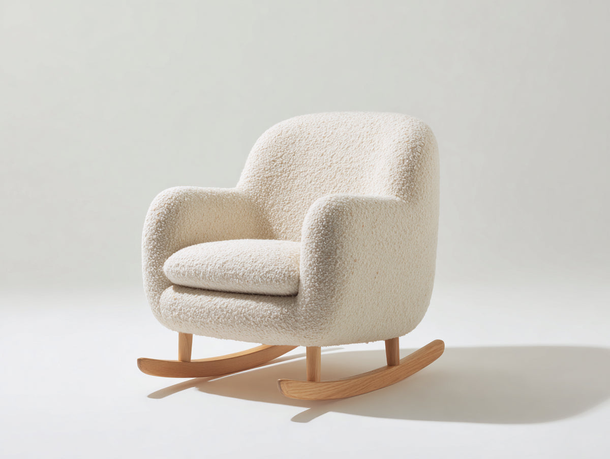 Fauteuil à bascule-Tissu bouclé-Bois-80x90x88 cm-Blanc cassé-Style contemporain