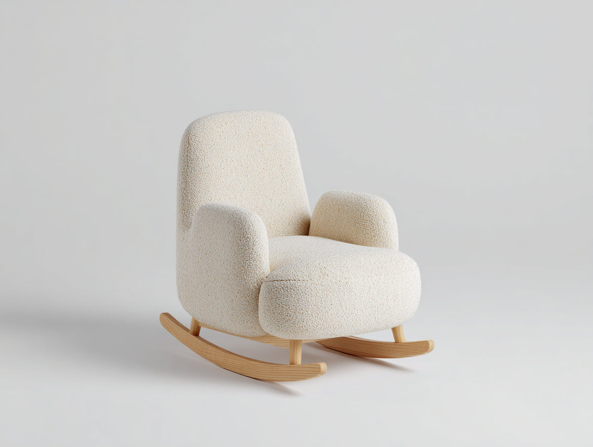 Fauteuil à bascule-Tissu bouclé-Bois-82x91x100 cm-Crème-Style contemporain